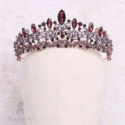 Elowen Burgundy Three-Piece Bridal Jewelry Set With Tiara