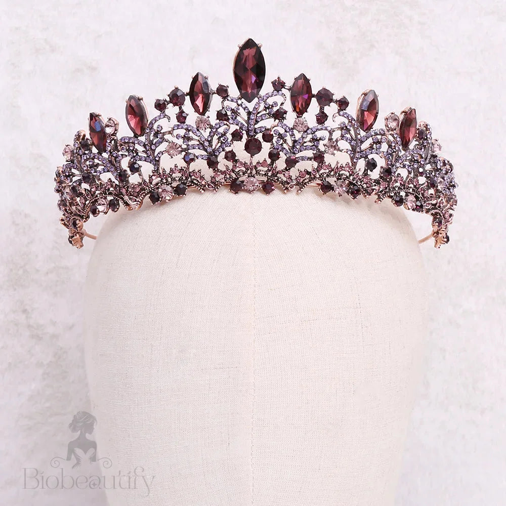 Elowen Burgundy Three-Piece Bridal Jewelry Set With Tiara