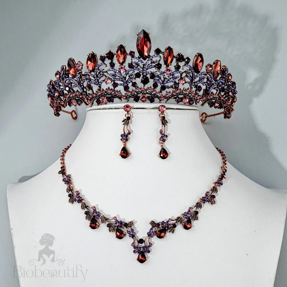 Wedding Jewelry - Burgundy 3-Piece Bridal Jewelry Set With Tiara