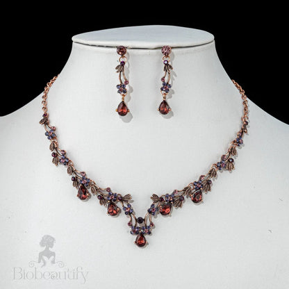 Wedding Jewelry - Burgundy 3-Piece Bridal Jewelry Set With Tiara