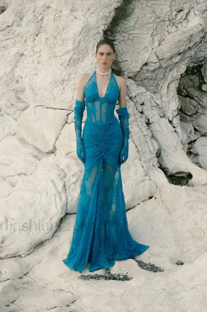 Elsa Halterneck Stylish See through Maxi Dress