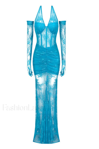 Elsa Halterneck Stylish See through Maxi Dress XS / Blue