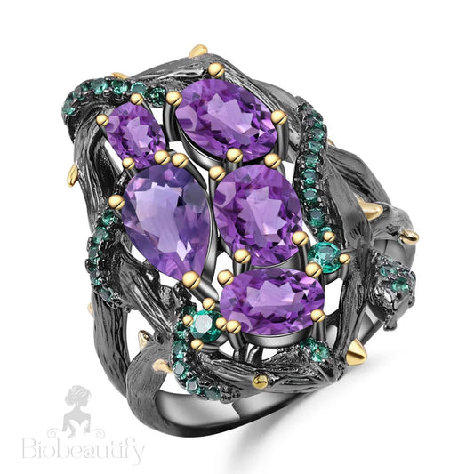 Emerald Green Nano Crystal Snake Ring With Natural Amethyst Purple / 5