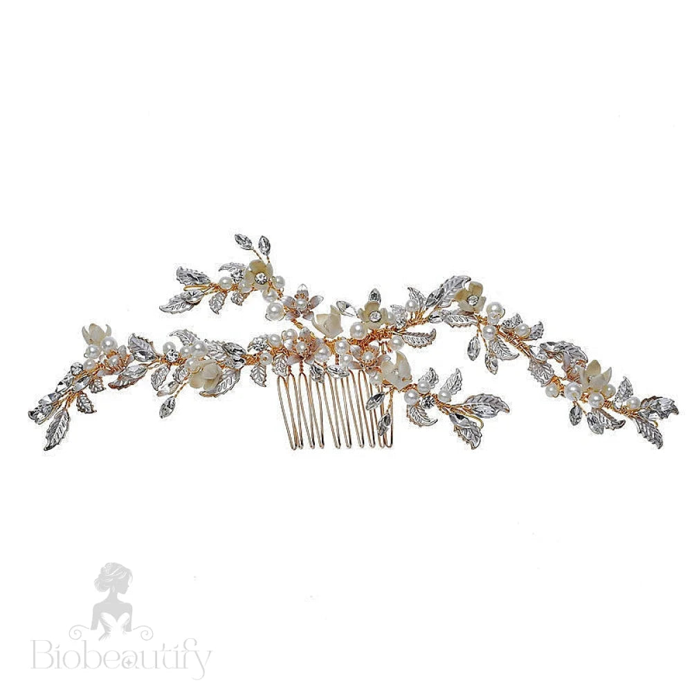 Émilie Handmade Wedding Hair Comb With Austrian Crystals Beads And Pearls In Gold