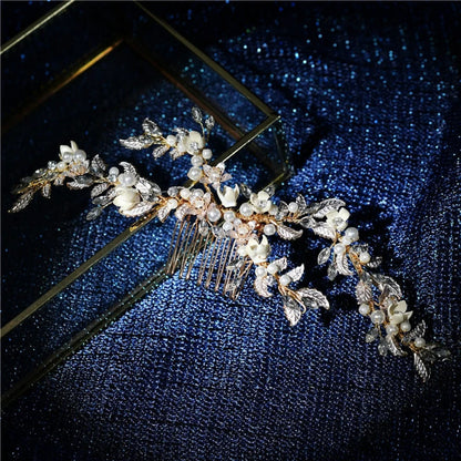 Émilie Handmade Wedding Hair Comb With Austrian Crystals Beads And Pearls In Gold