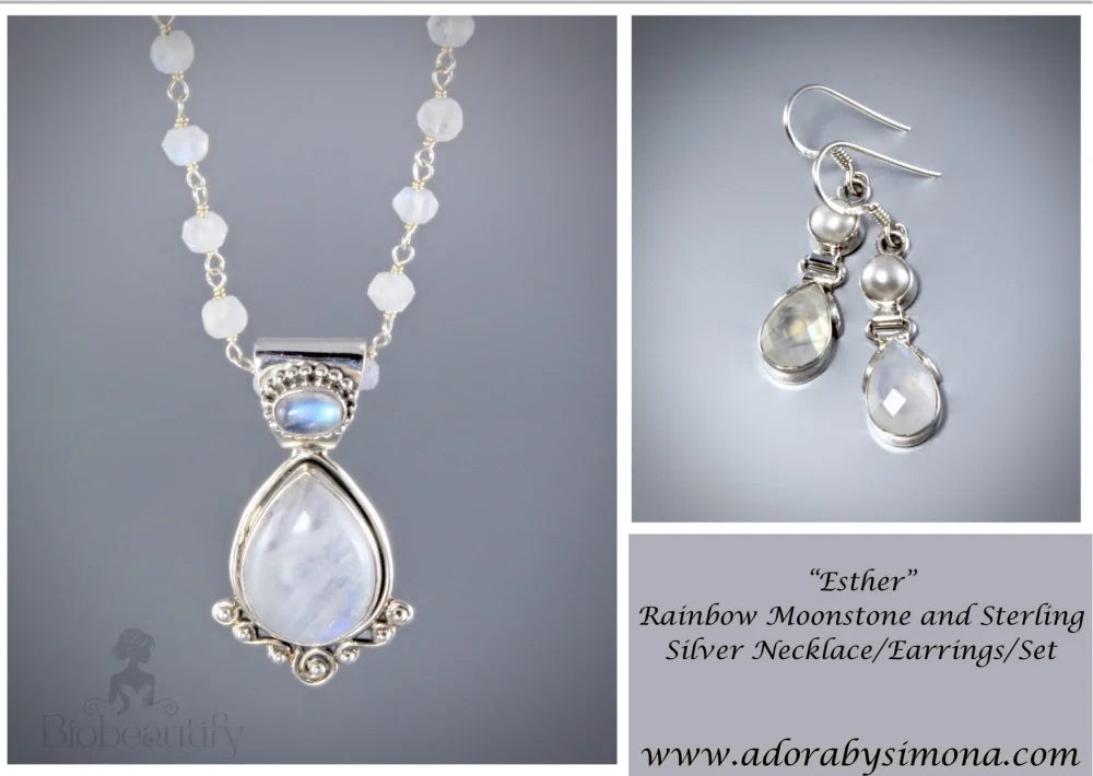 Esther Rainbow Moonstone Bridal Necklace And Earring Set