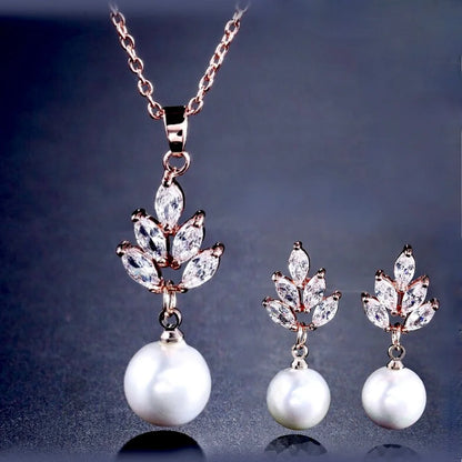 Wedding Pearl Jewelry - Pearl and Cubic Zirconia Jewelry Set - Available in Silver and Rose Gold