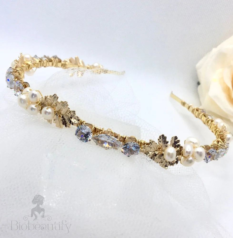 Evelisse Gold Freshwater Pearl Bridal Headband