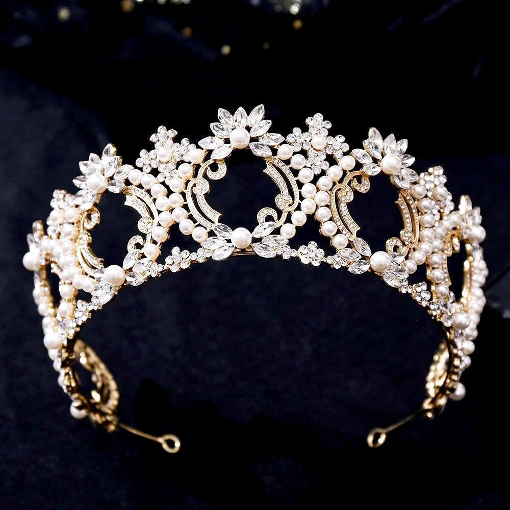 Everleigh Pearl And Crystal Bridal Tiara Gold Silver Options