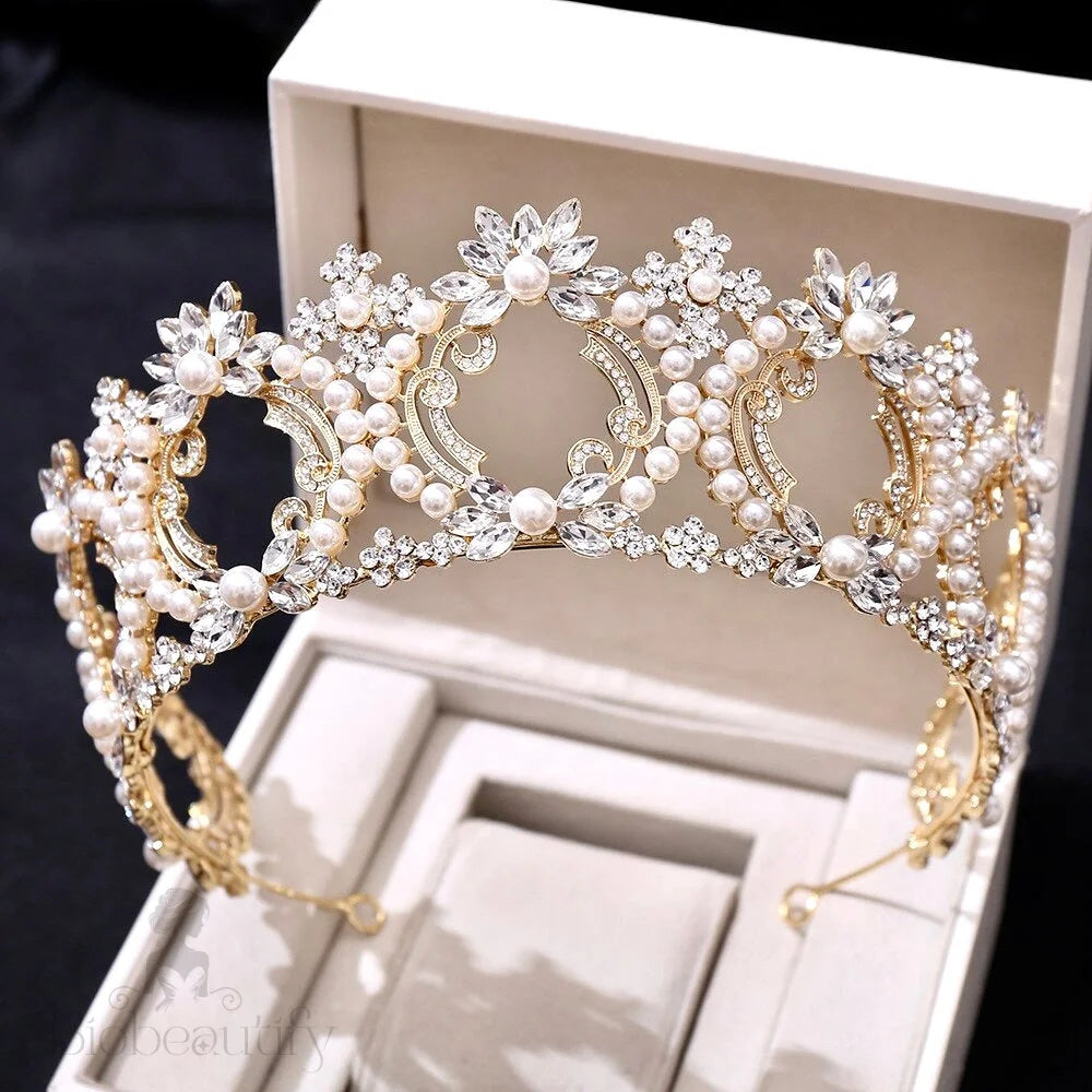 Everleigh Pearl And Crystal Bridal Tiara Gold Silver Options