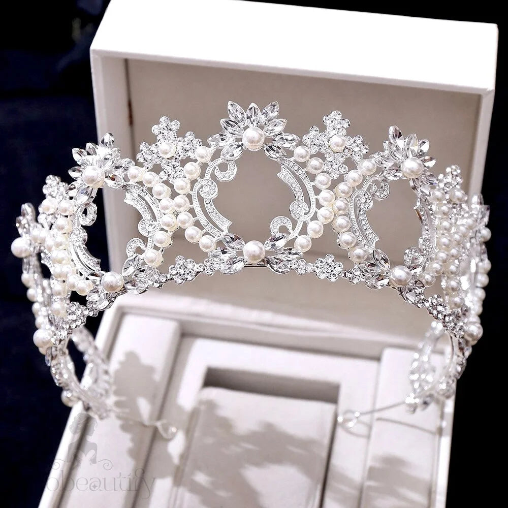 Everleigh Pearl And Crystal Bridal Tiara Gold Silver Options