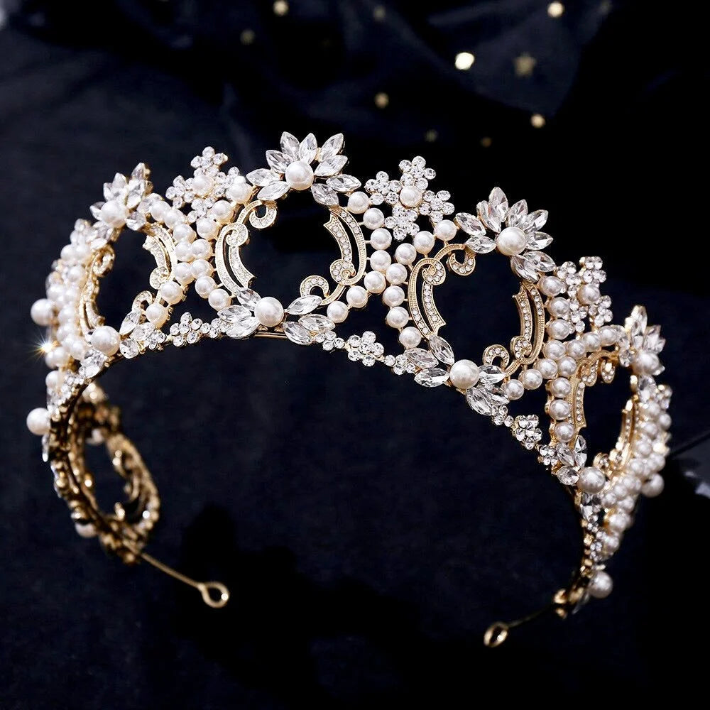 Wedding Hair Accessories -  Pearl and Crystal Bridal Tiara - Available in Yellow Gold and Silver