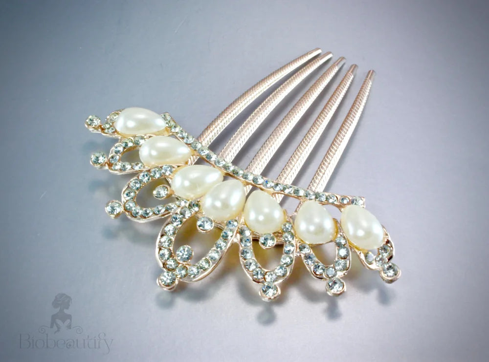 Evita Pearl Crystal Rose Gold Bridal Hair Comb