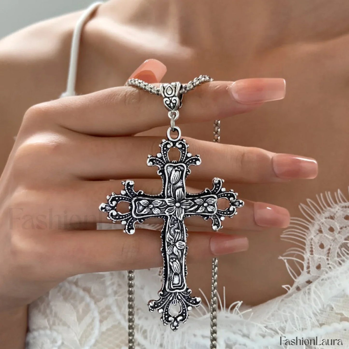 Exaggerated Silver Cross Hip Hop Sweater Necklace SILVER