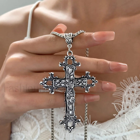 Exaggerated Silver Cross Hip Hop Sweater Necklace SILVER