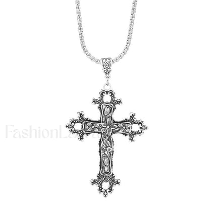 Exaggerated Silver Cross Hip Hop Sweater Necklace SILVER