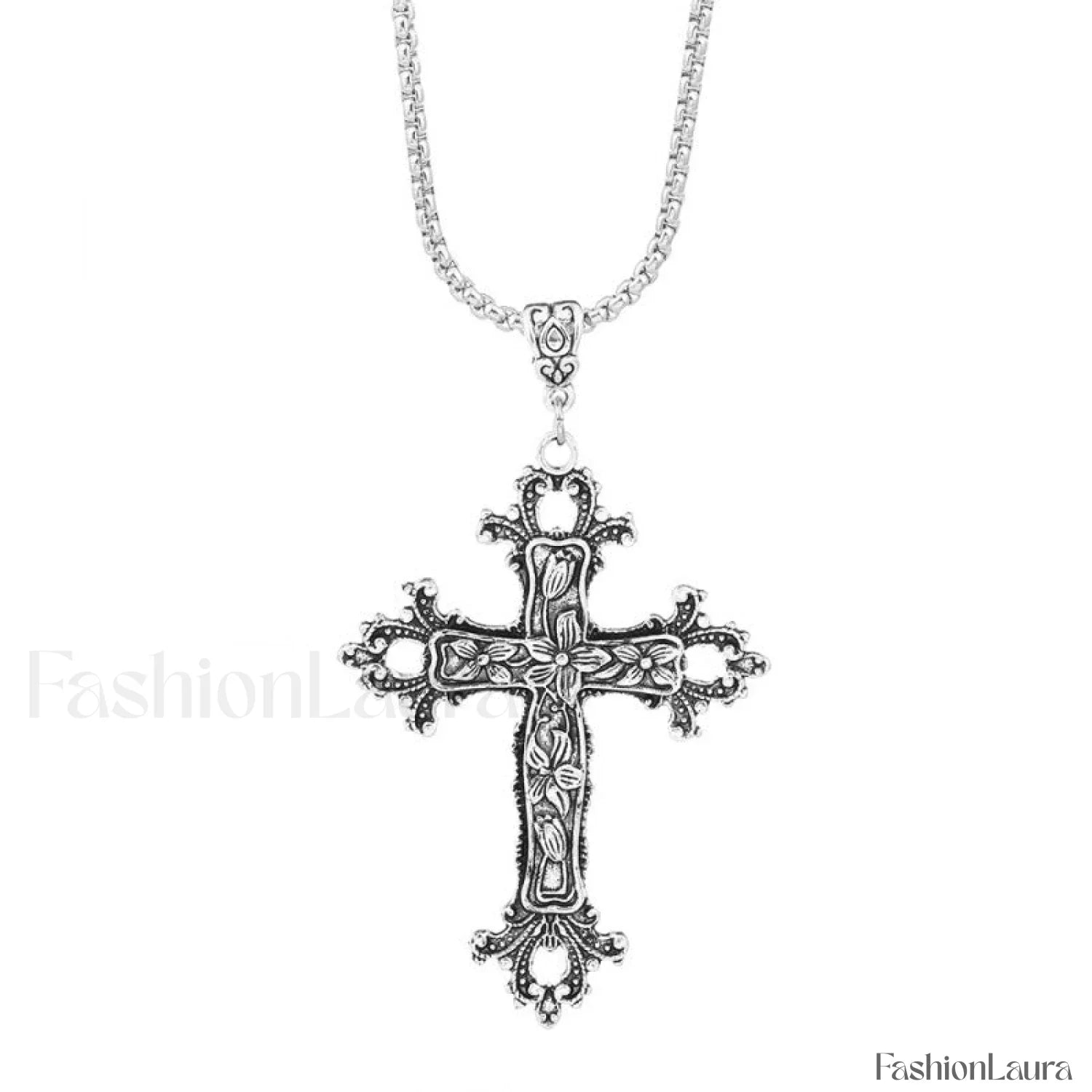 Exaggerated Silver Cross Hip Hop Sweater Necklace SILVER
