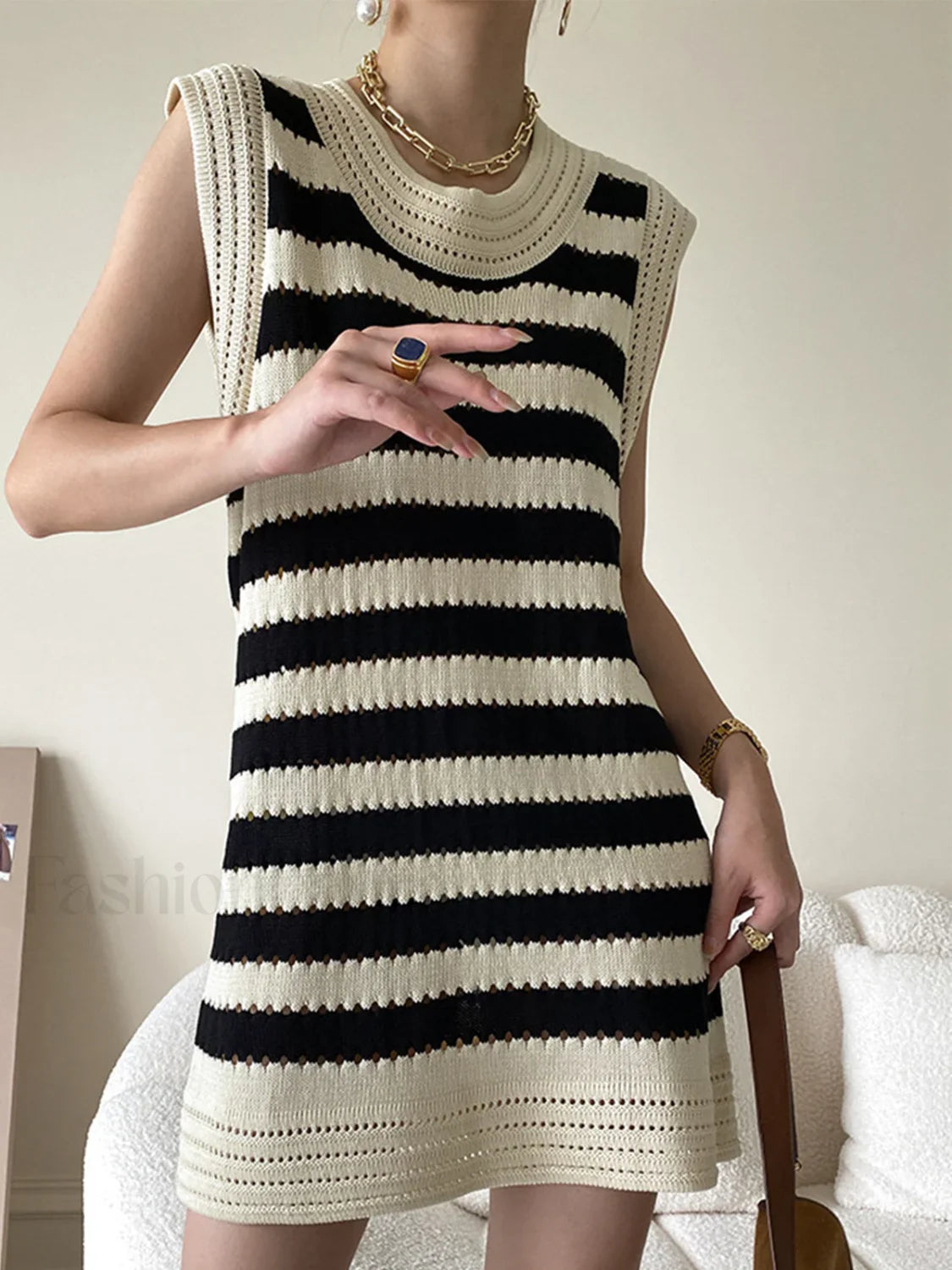 Eyelet Stripe Knit Short Dress Sweater Dresses