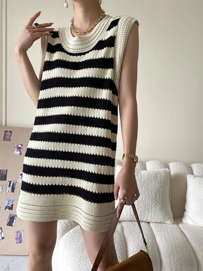 Eyelet Stripe Knit Short Dress Sweater Dresses