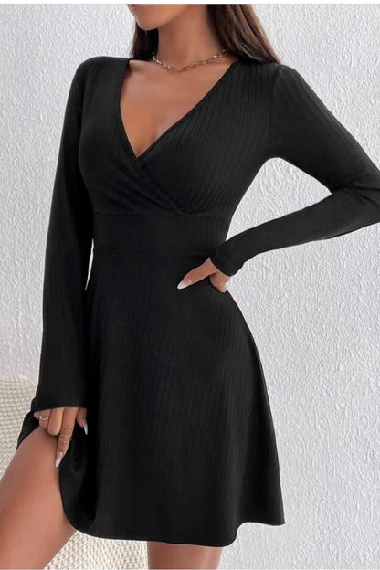 Knit V Neck Waist Cinched A Line Long Sleeve Sweater Dress