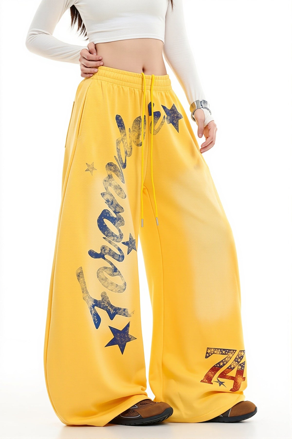 Graphic Star Drawstring Wide Leg Pants