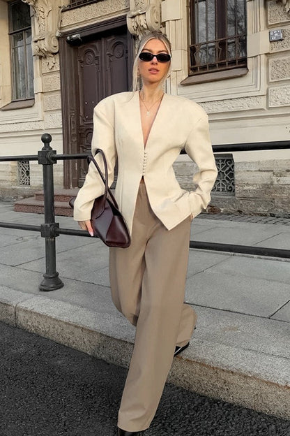 Chic Beige Structured V-Neck Coat