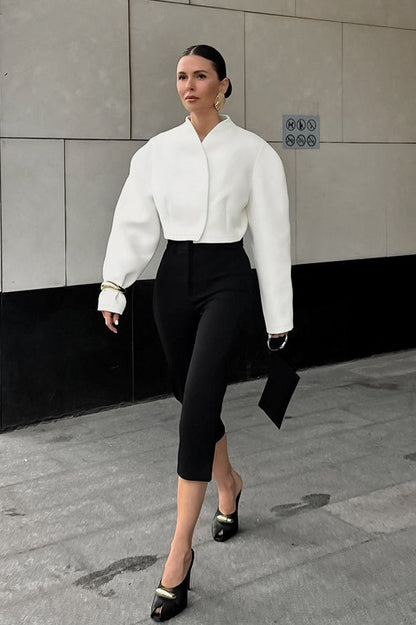 White Cropped Stand Collar Jacket