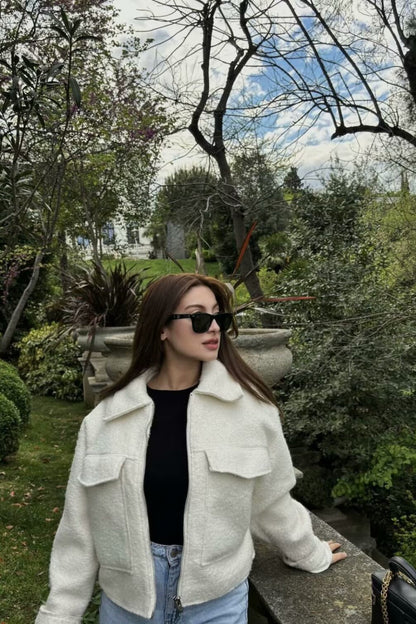 Cropped Boucle Zip Front Jacket