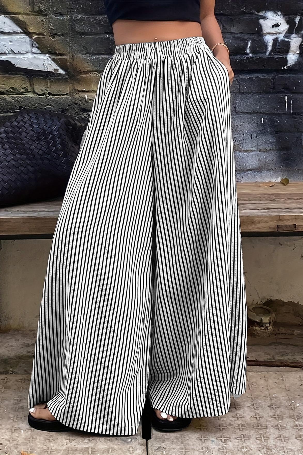 Vertical Stripe Elastic Waist Wide Leg Pants