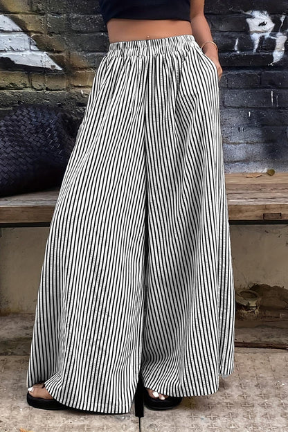 Vertical Stripe Elastic Waist Wide Leg Pants