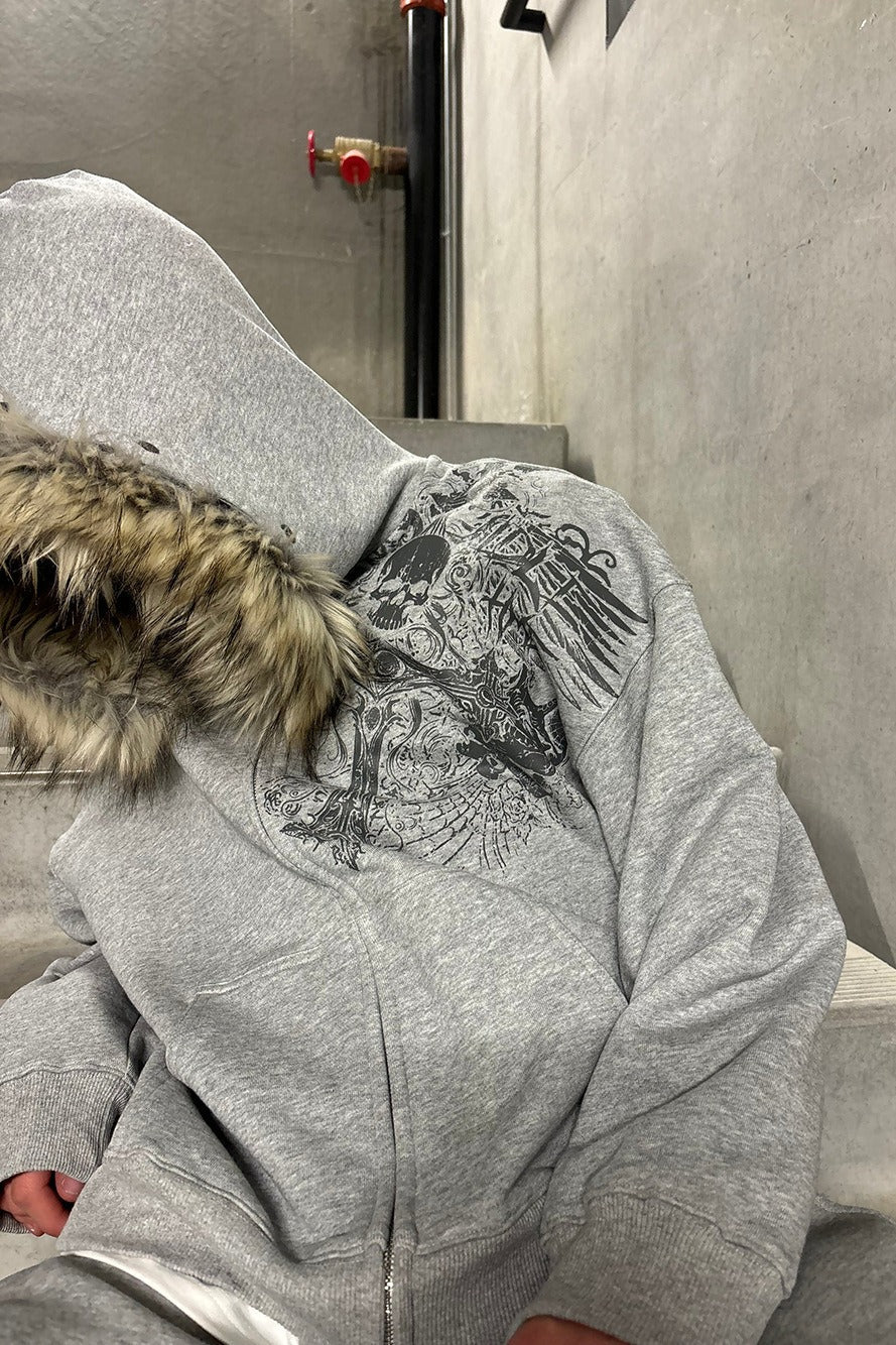 Faux Fur Hood Graphic Oversized Pullover Hoodie