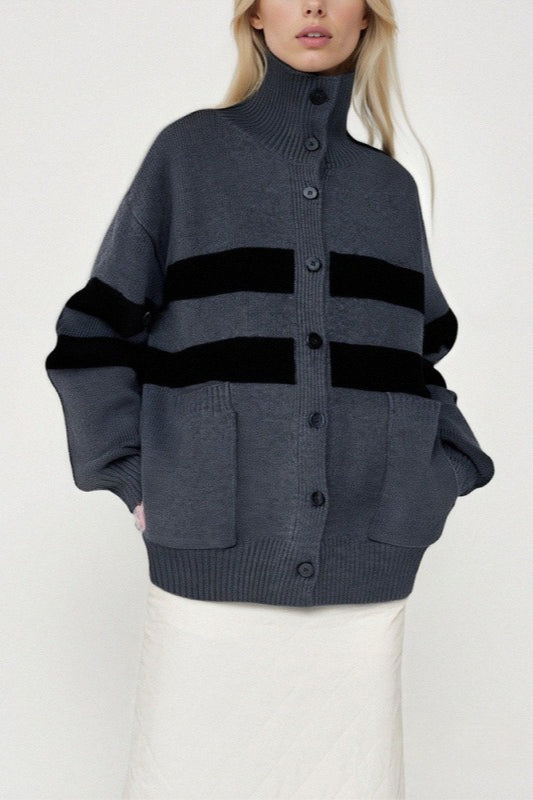 High Neck Color Block Stripe Cardigan
