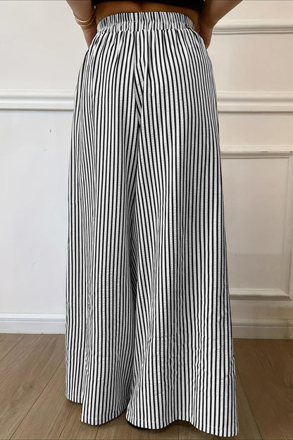 Vertical Stripe Elastic Waist Wide Leg Pants