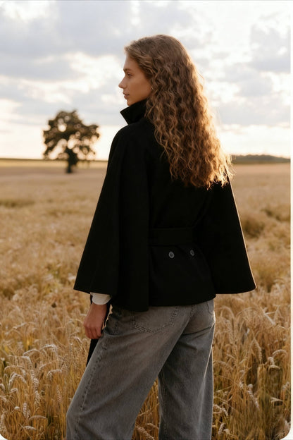 Button Up Stand Collar Cape Coat
