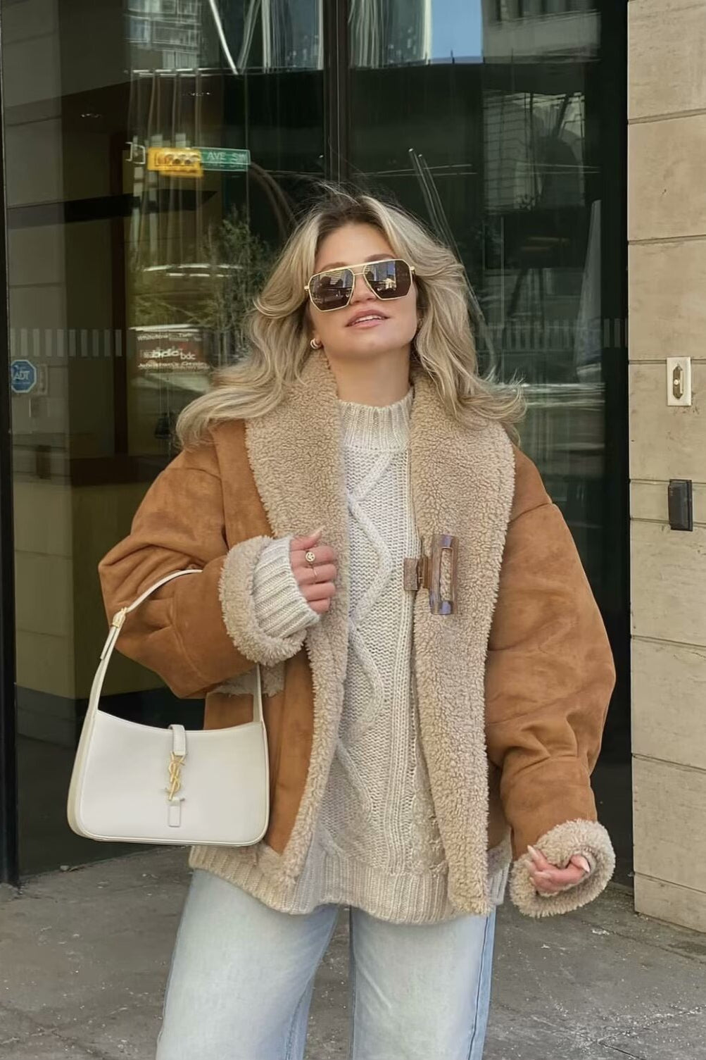 Lapel Faux Suede Shearling Coat