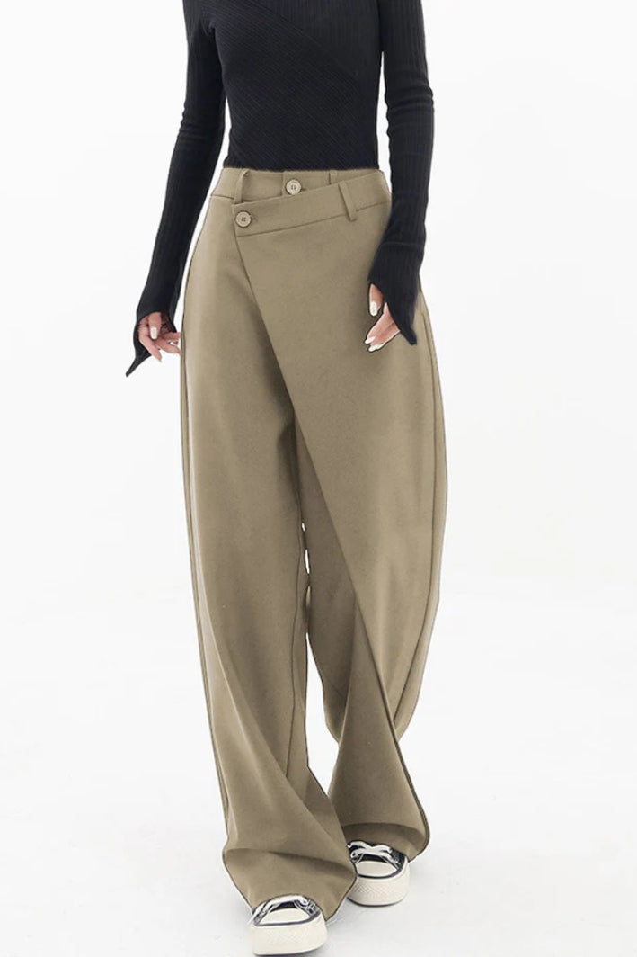 Asymmetric Layered Button Loose Wide Leg Pants-1
