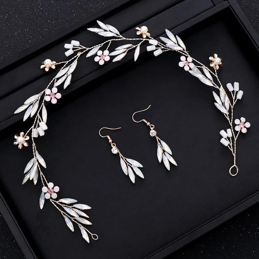 Fabienne Gold Opal Bridal Hair Vine And Earrings Set