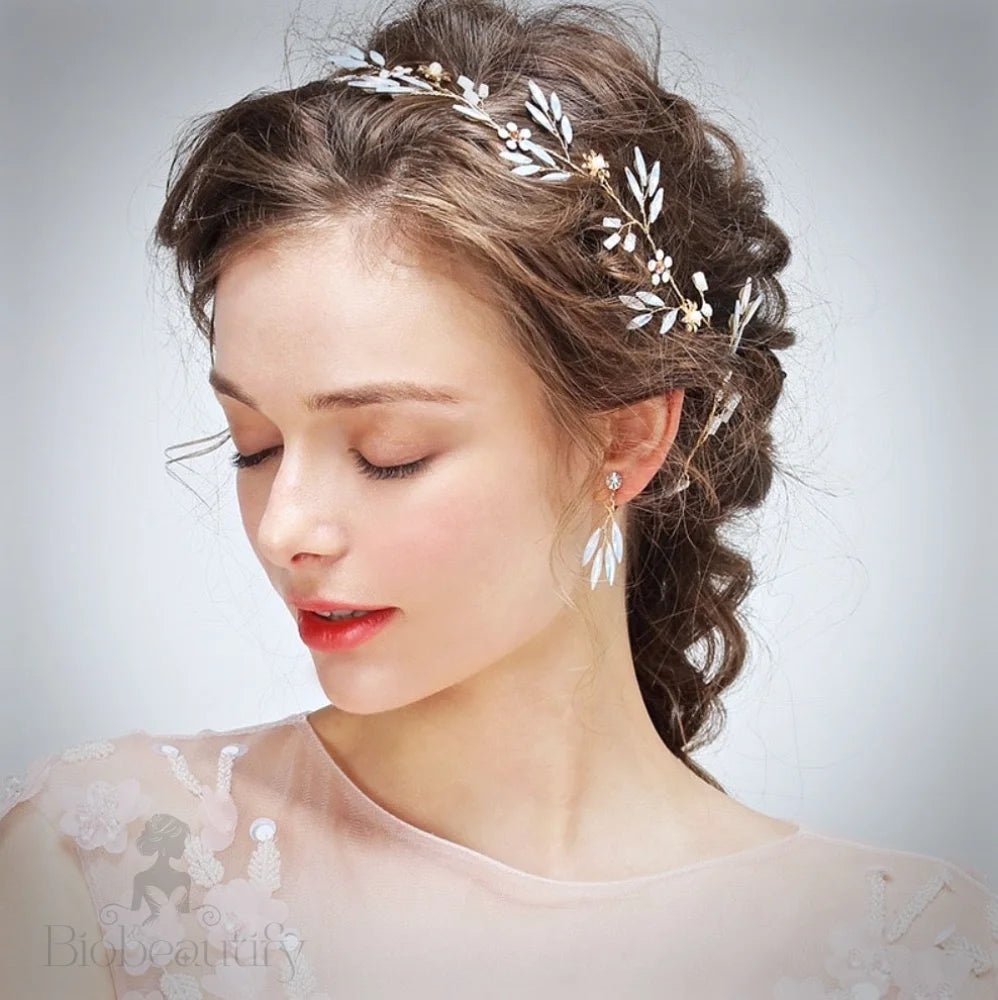 Fabienne Gold Opal Bridal Hair Vine And Earrings Set