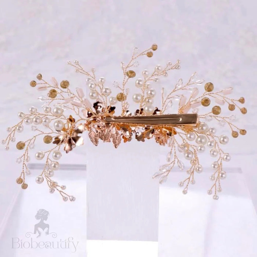 Fabiola Rose Gold Hair Clip With Pearl And Crystal For Brides