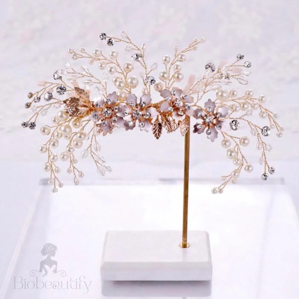 Fabiola Rose Gold Hair Clip With Pearl And Crystal For Brides