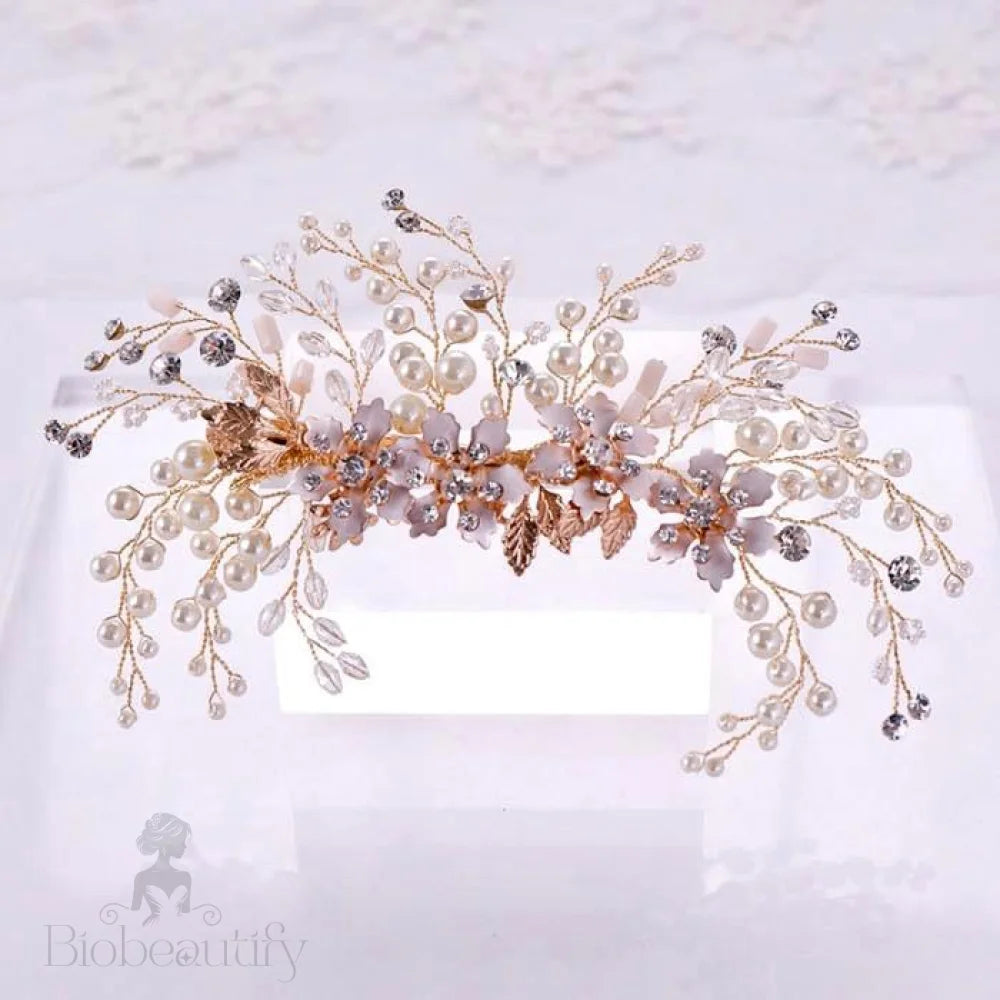 Fabiola Rose Gold Hair Clip With Pearl And Crystal For Brides