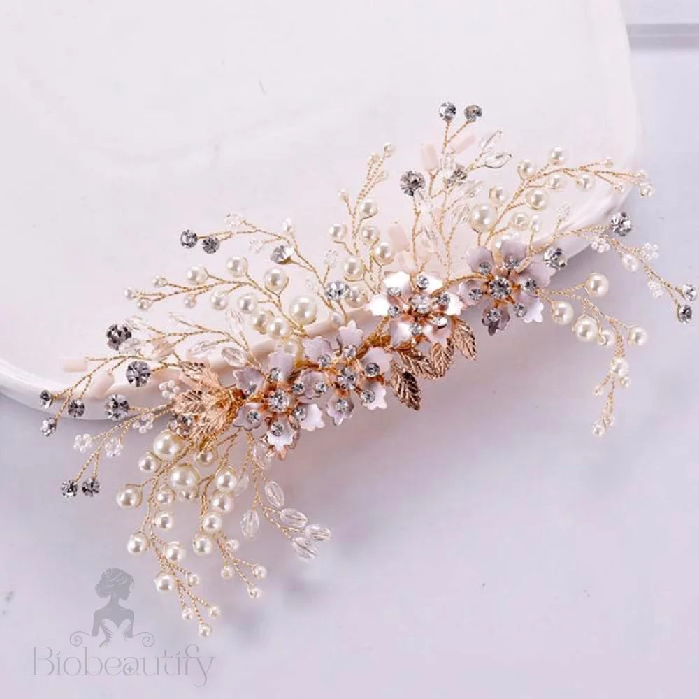 Fabiola Rose Gold Hair Clip With Pearl And Crystal For Brides