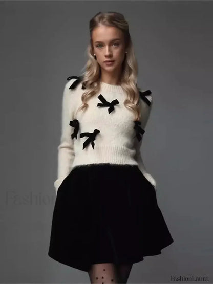 Fashion 3D Bow Round Neck For Women Elegant Long Sleeve Slim Warm Sweater Sweaters L