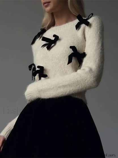 Fashion 3D Bow Round Neck For Women Elegant Long Sleeve Slim Warm Sweater Sweaters L