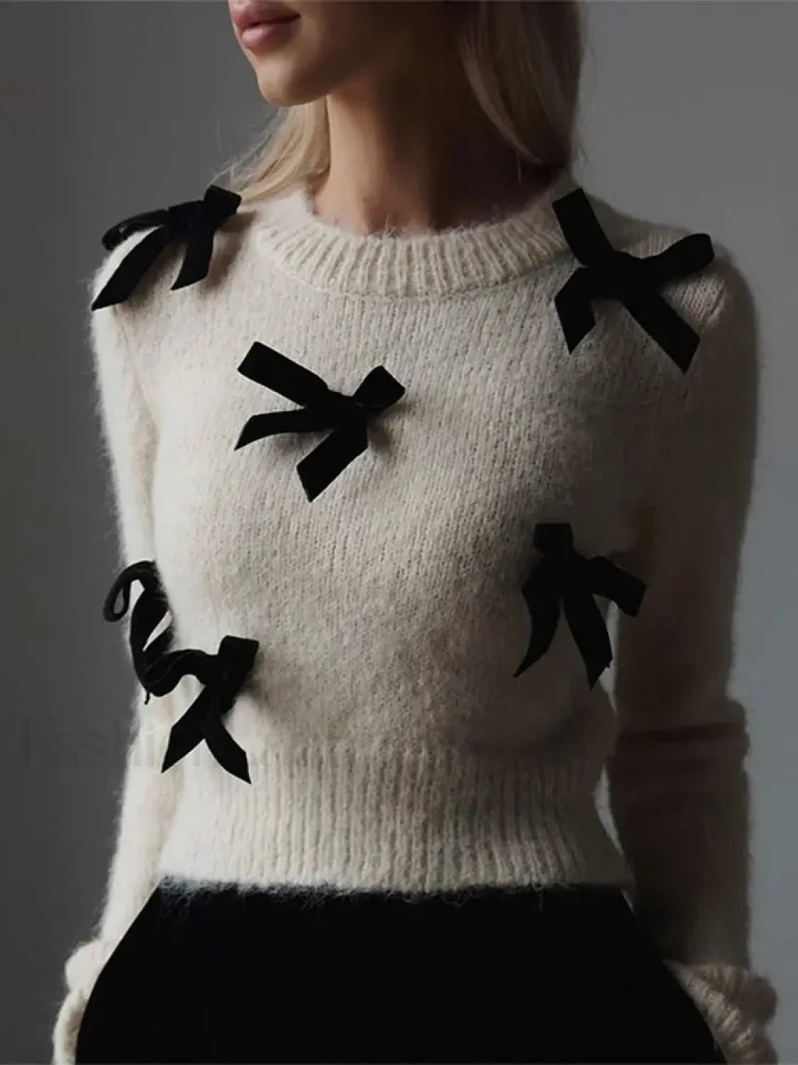 Fashion 3D Bow Round Neck For Women Elegant Long Sleeve Slim Warm Sweater White / S Sweaters L