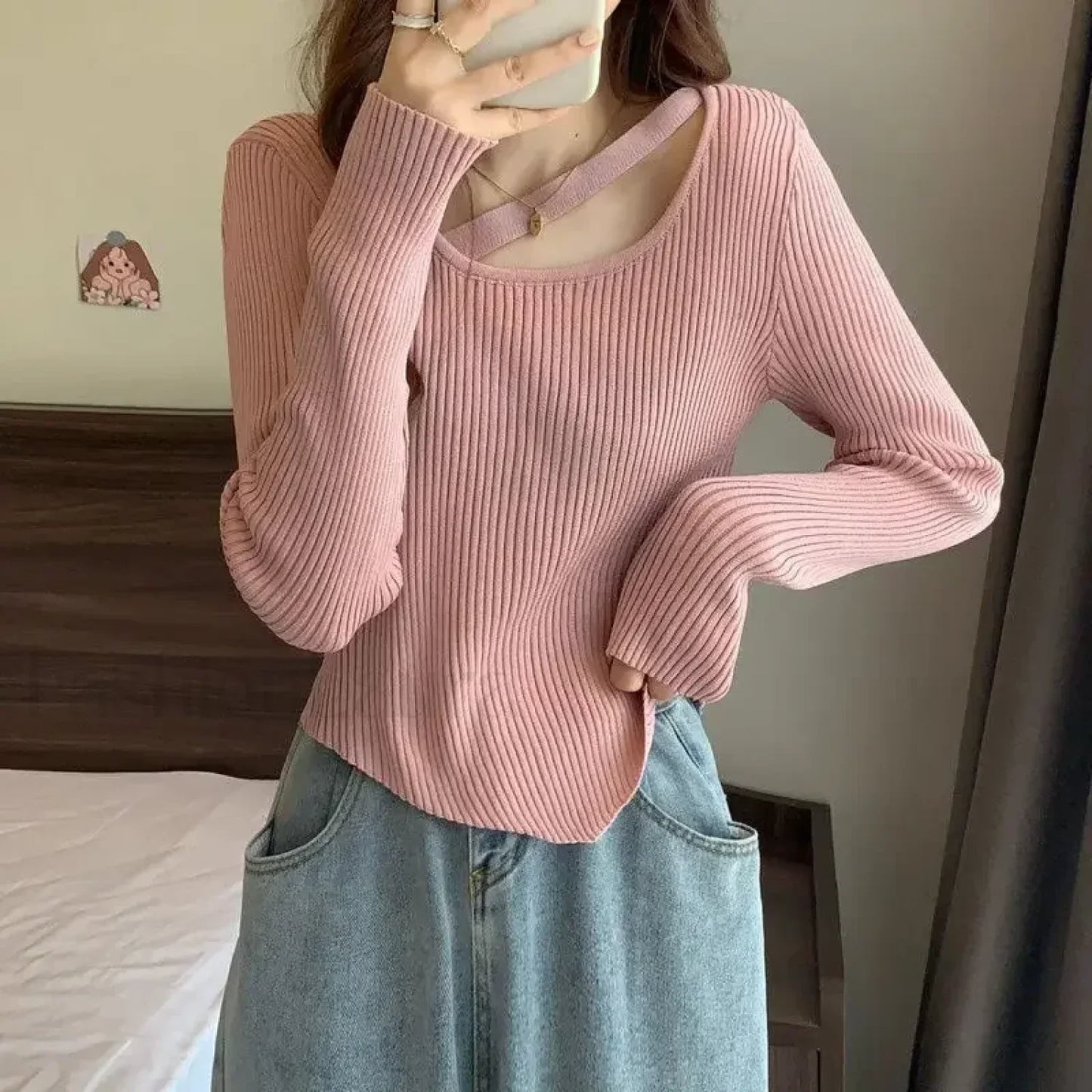 Fashion Sexy Y2K Women’s Knitted Cropped Top Openwork Knitted Bottoming Shirt Sweater Sweaters L
