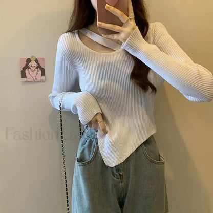 Fashion Sexy Y2K Women’s Knitted Cropped Top Openwork Knitted Bottoming Shirt Sweater Sweaters L