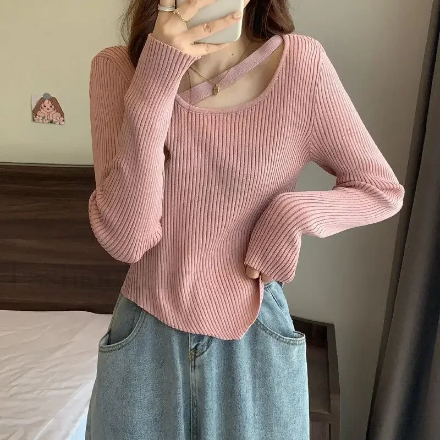 Fashion Sexy Y2K Women’s Knitted Cropped Top Openwork Knitted Bottoming Shirt Sweater Sweaters L