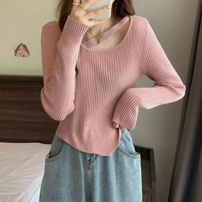 Fashion Sexy Y2K Women’s Knitted Cropped Top Openwork Knitted Bottoming Shirt Sweater Sweaters L