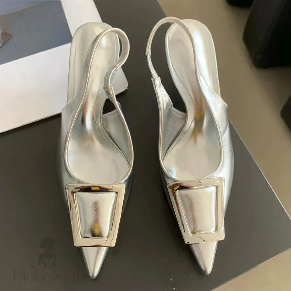 Fashion Square Buckle Slip On Slingback Pointed Toe Dress Shoes Silver / 37